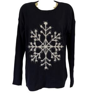 Navy Blue and White Fuzzy Snowflake Sweater Woman Size Medium Slouchy
